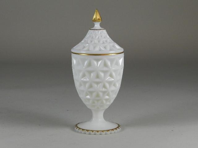 Imperial Glass Washington Candy Jar: Gold trim was produced in 1943 only. Minor wear. 10 1/2"tall