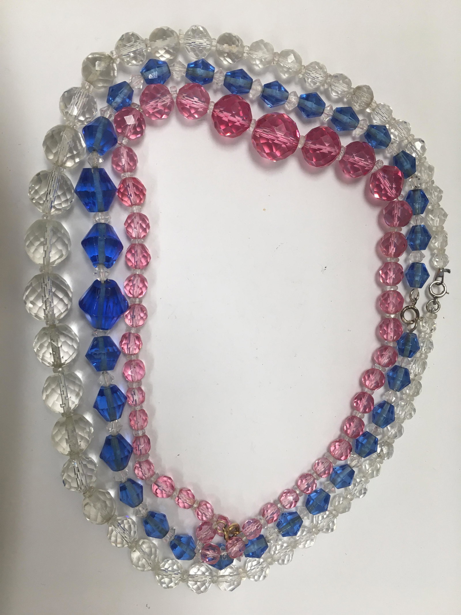 3 Faceted Czech Crystal Necklaces - Pink, White & Blue: various lengths