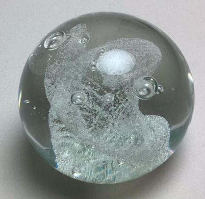 Carnival Scotland Art Glass Paperweight: Etched name on base. Minor wear. 3" diameter