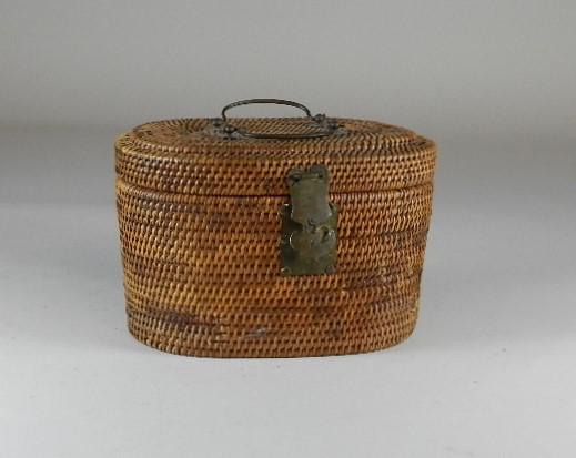 Rose Medallion Tea Set in Fitted Wicker Basket: Spots of damage to wicker. Missing loop to lock lid. Basket 10" w 6 1/2" t