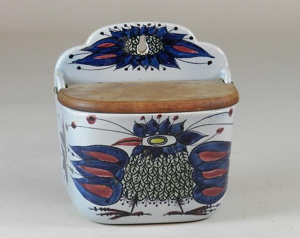 Danish Porcelain Salt Box: Has wood lid. Minor wear. 6"t x 6 1/2" t