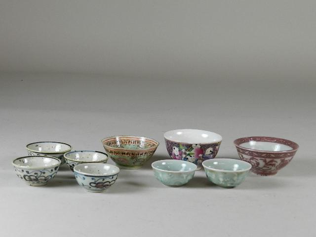 9 Asian Porcelain Cups: Various types of saki and tea cups. Wear from use. Largest 1 1/2" tall