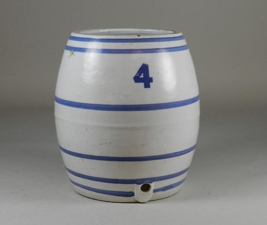 4 Gallon Blue and White Water Crock: Missing lid and spout. Wear and small rim chip. 13" tall