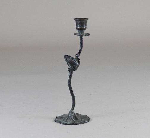 Bronze Lilly Pad and Frog Candlestick: Spots of wear. 9 1/2" tall
