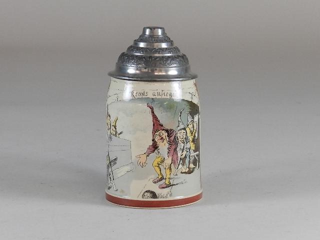 Mettlach Bowling Dwarves 1909 Stein: 3/20 Liter. Stamped and dated on bottom. Wear to lid. 6" tall