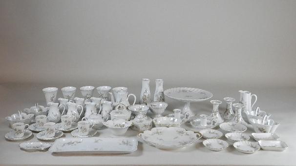 53Pcs Theodore Haviland and Haviland France Rosalinda China: Includes baskets, cake stand, vases, demitasse etc. wear from use and minor chips. Cake stand 5 1/2" tall