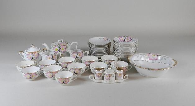 45pcs Azalea Pattern China: Cups, saucers, bowls, etc. most are red or green marked Noritake. Wear from use and minor chips. Divided bowl 10" wide