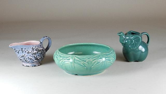 3pcs McCoy Pottery: Includes bowl, creamer, and elephant pitcher. Wear from use. Bowl 8 1/2" w