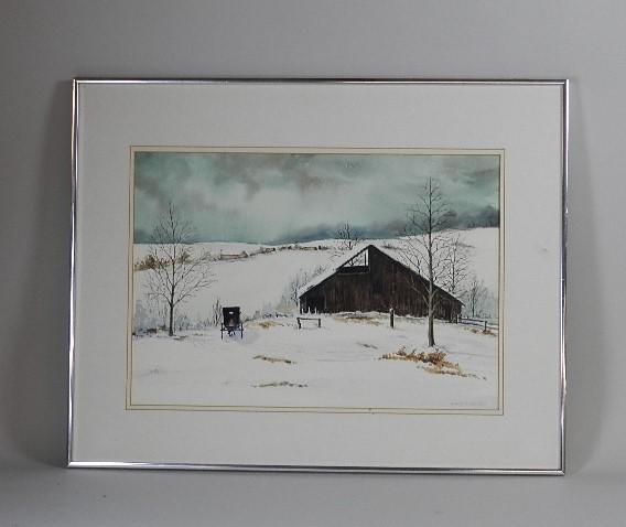 Amish Farm Scene Watercolor: Signed Nancy S Heiskell lower right. Glass is missing from frame. 28" w x 22" t