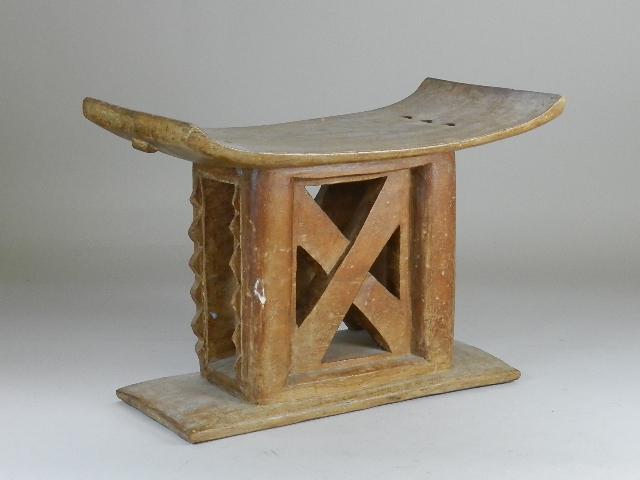 Asian Style Carved Stool: Carved from a single block of wood. Heavy wear to finish and shrinkage cracks. 18" w x 9 1/2" d x 13" t