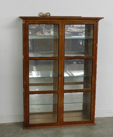 Maple Veneer Lighted Display Case: Has 4 glass shelves. Spots of veneer loss. 35"w x 7"d x 47 1/2"t