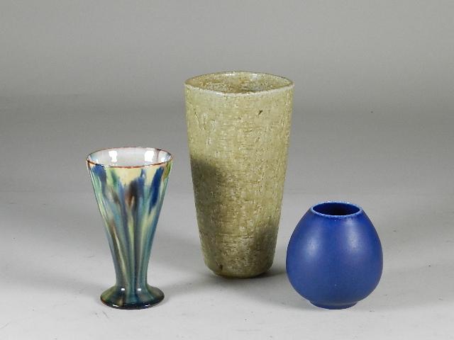3pcs European Art Pottery: Two are Saxbo, mottled piece is French. Minor wear. Tallest 7 1/2"