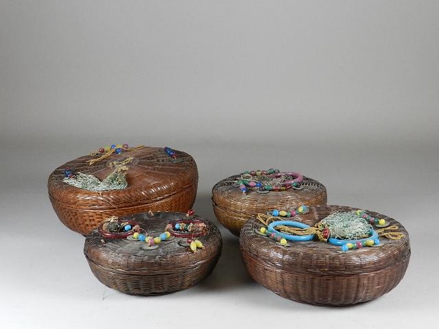 4 Vintage Chinese Sewing Baskets: Wear from use. Largest 10"wide
