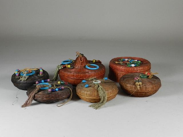 6 Vintage Chinese Sewing Baskets: Wear from use. Largest 7"wide
