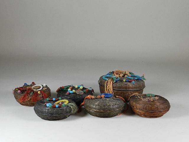 6 Vintage Chinese Sewing Baskets: Wear from use. Largest 7" wide