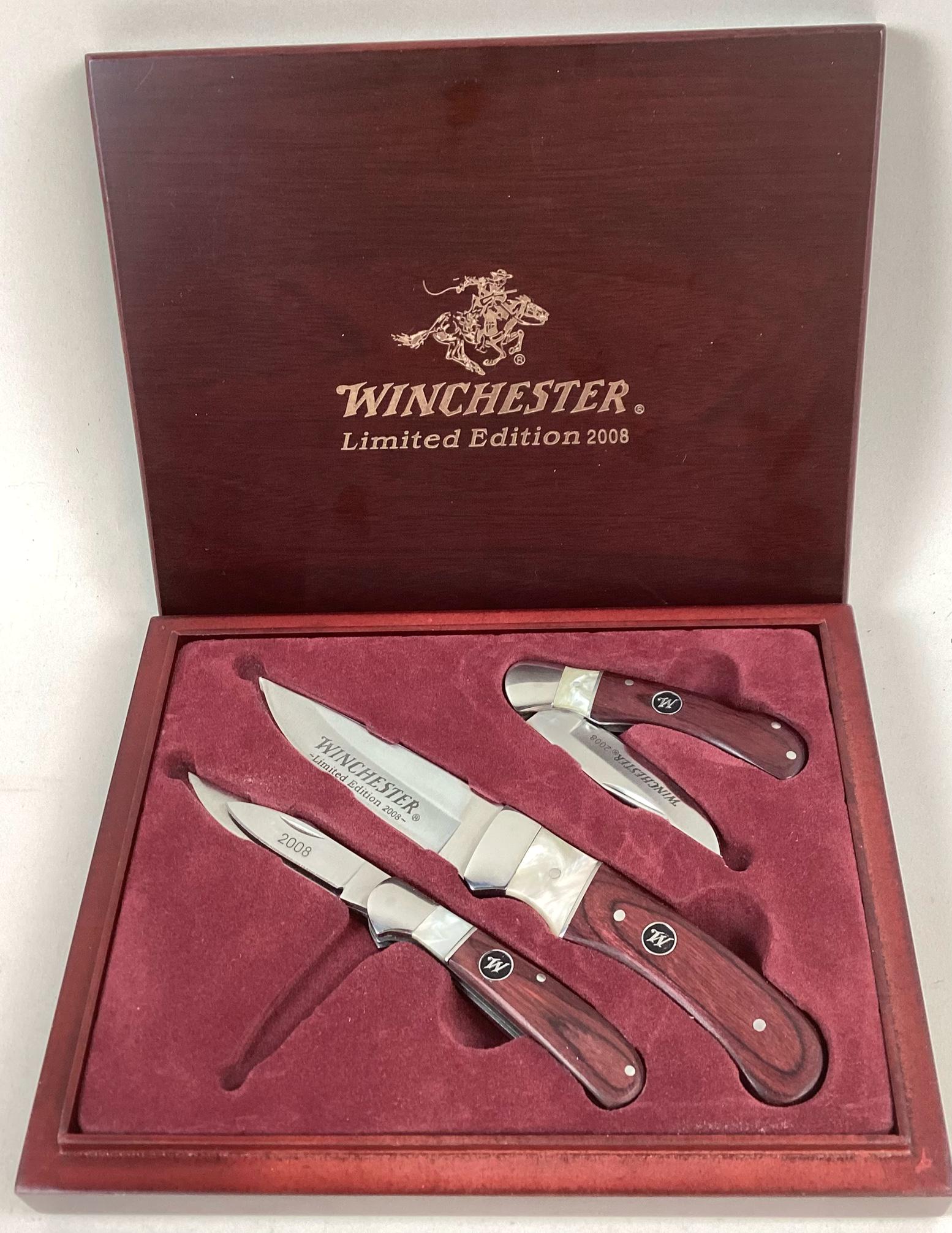 Winchester 2008 Limited Edition Pocket Knife Set: Has three knives with mother of pearl inserts in handles. In original box. Minor wear. Longest 4? closed.