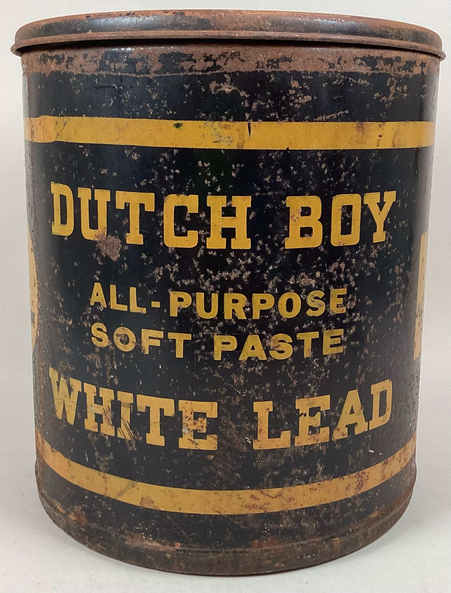 Dutch Boy White Lead Paste 100lb Tin: Has lid. Wear from use with loss of paint and rust throughout. 10? diameter and 11 1/2? tall