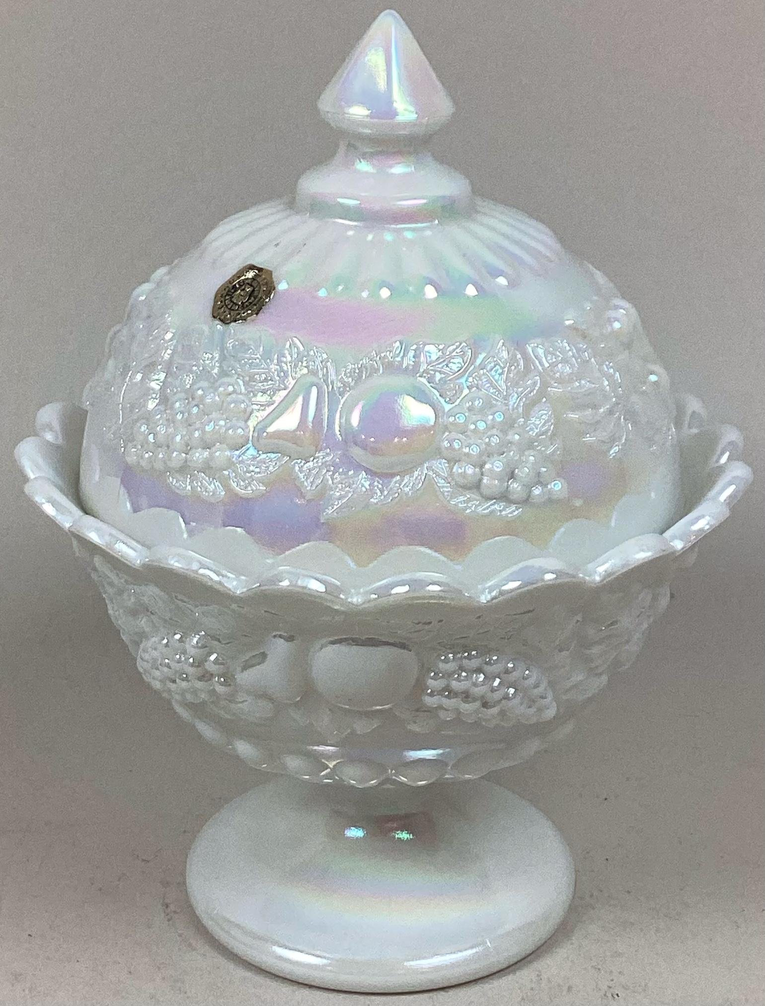 Westmoreland White Iridescent Covered Candy Dish: Minor wear and has original label. 7? tall