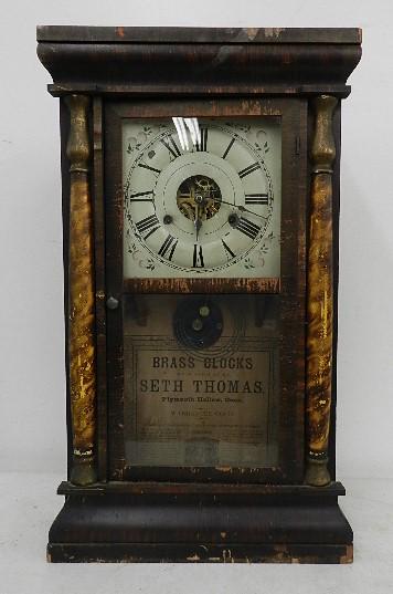 Seth Thomas Mantel Clock: brass movement, no key, missing some pieces, 25" h x 15" w x 4 1/2" d