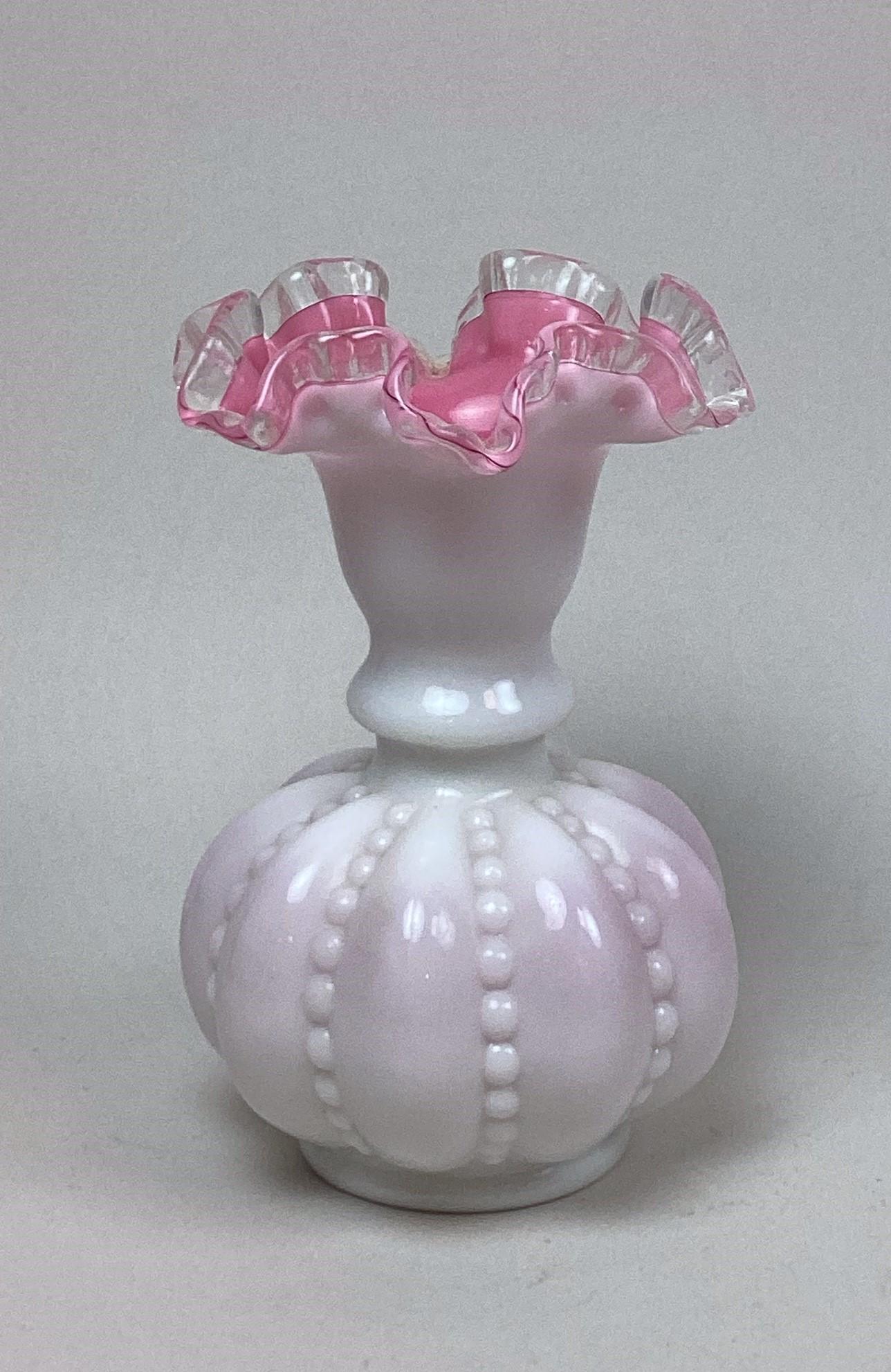 Fenton Pink and White Ruffled Vase: Minor wear. 6 1/2" tall