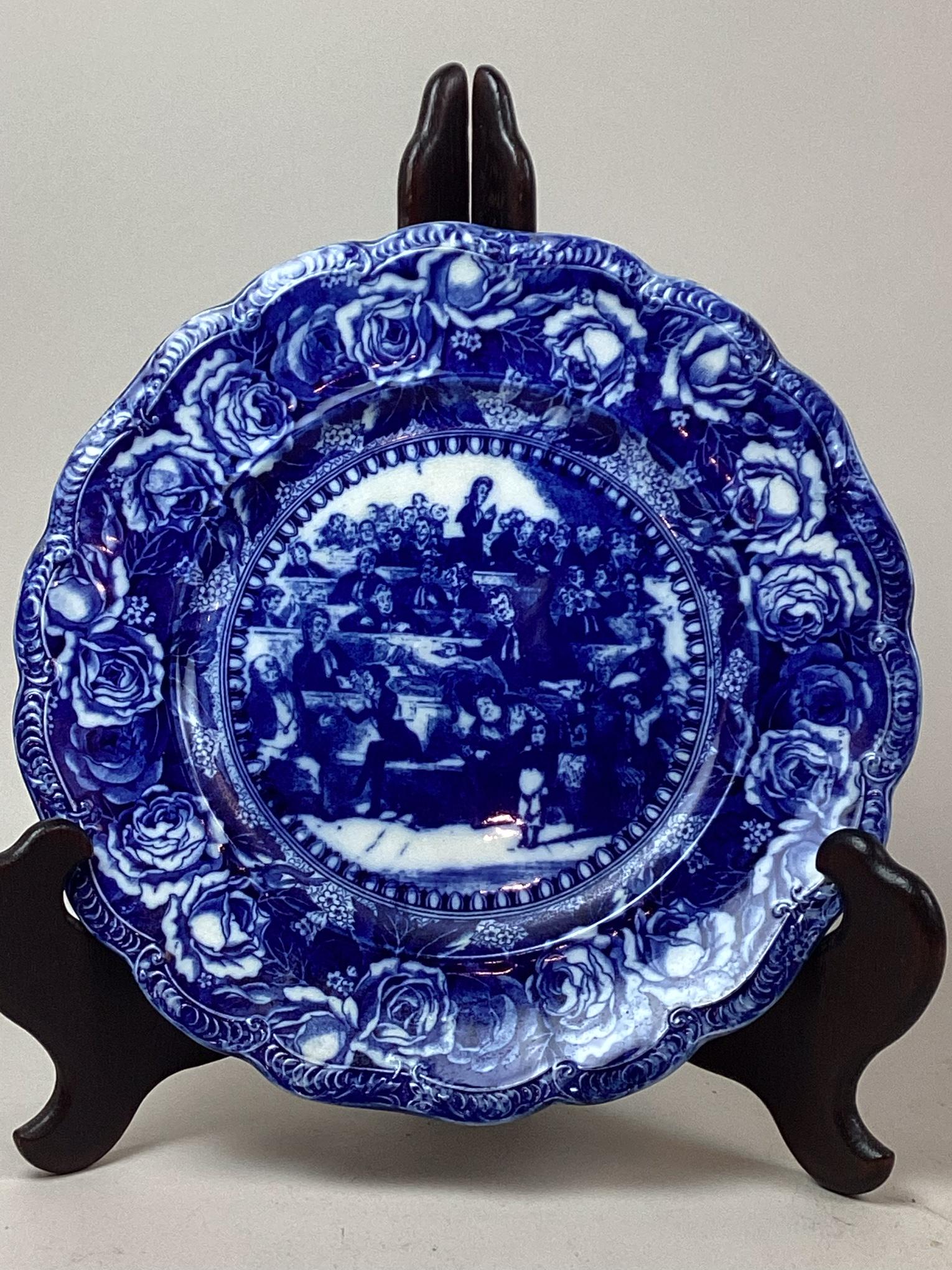 Ridgways Flow Blue Charles Dickens Pickwick Plate: Bardell vs Pickwick courtroom scene. Minor wear and crazing to glaze. 10" wide