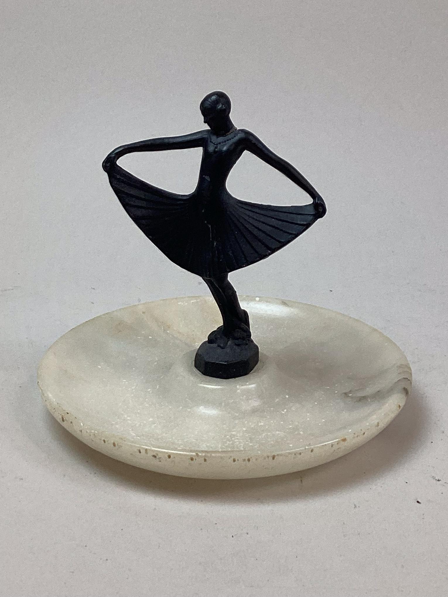 Alabaster Art Deco Pin or Jewelry Holder: Wear and scratches with minor paint loss to metal figure. 5 1/4" tall