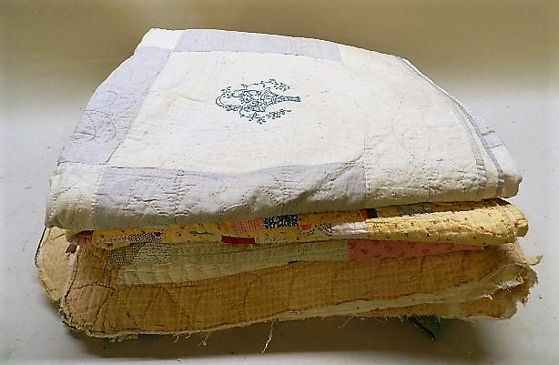 5 Feedsack Cutter Quilts: considerable wear, various sizes