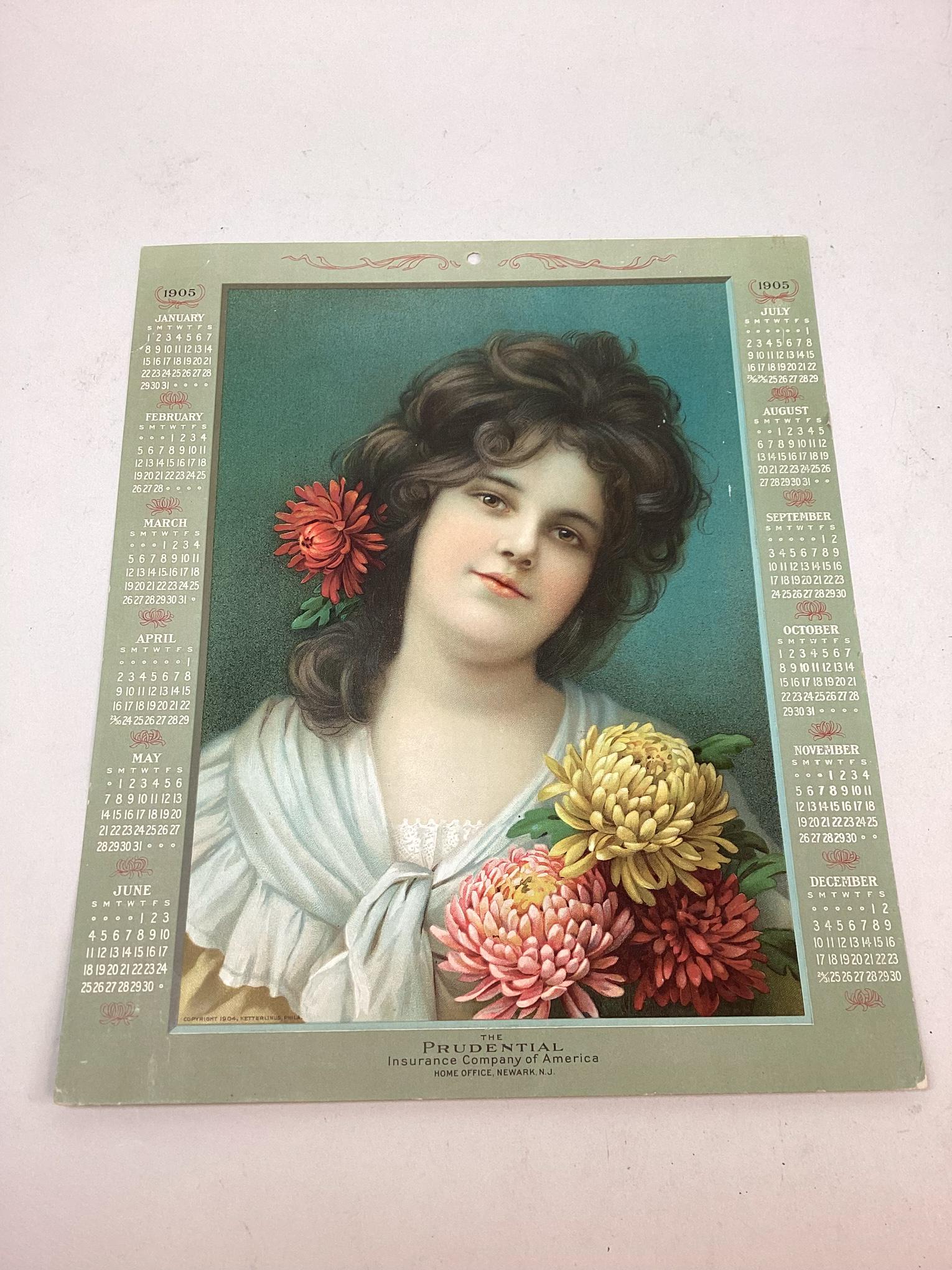 1905 Prudential Insurance Company Calendar: Has tape stains on back side. Wear from use. 10" w x 12" t