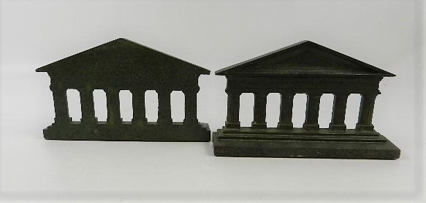 Parthenon Cast Iron Bookends: Has a faux green bronze finish. Areas of wear and loss of finish. 7 1/2"w x 4 1/2" t