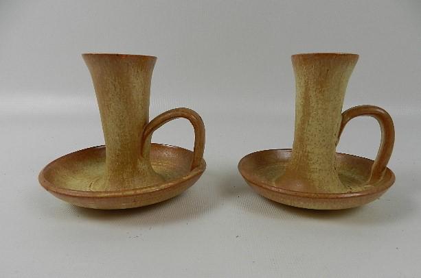 Pair of Vintage North Carolina Pottery Candle Sticks: Has Cherry Hill Coffee Shop Blue Ridge Parkway Glendale Springs NC Souvenir Decal on bottom of each. Minor wear. 3 1/2" tall