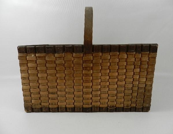 Unusual Oak Splint Basket: Has solid box style bottom and thick wooden rim were the ribs are attached. Wear from use and damage to interior of bottom. 15" l x 9" d x 12" t