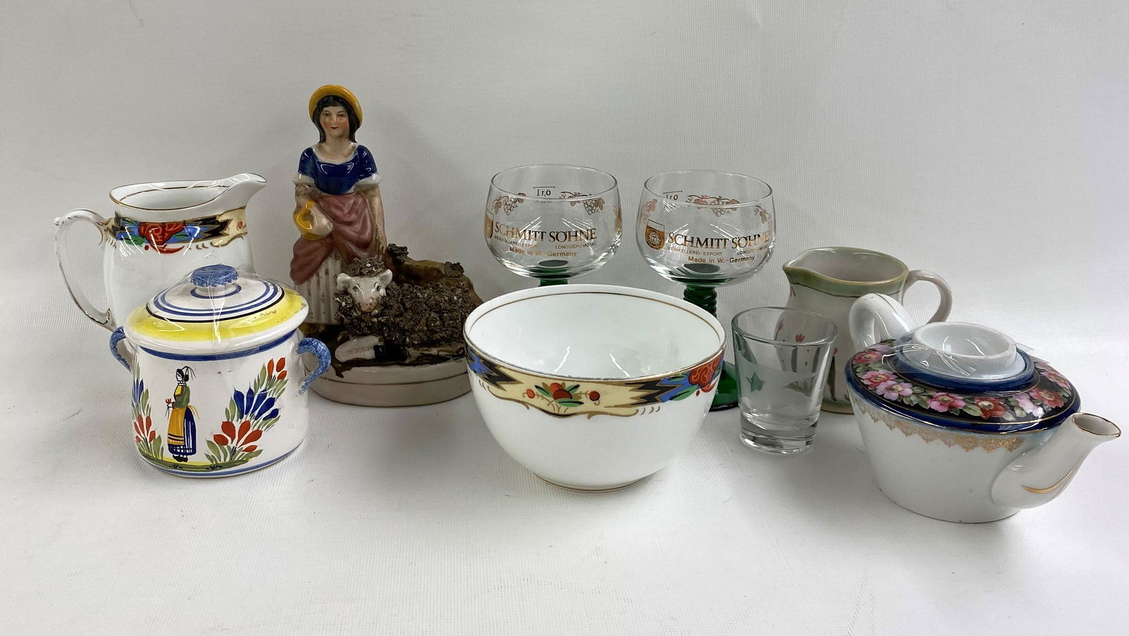 Lot of Porcelain & Glass Items: 2 Schmitt Sohne goblets, teapot, pitcher, etc, general wear
