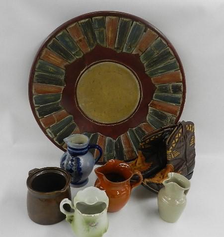Lot: Wooden Tray, Child's Boots, Stoneware Pitchers, Nippon, etc: general wear, tray: 20" dia