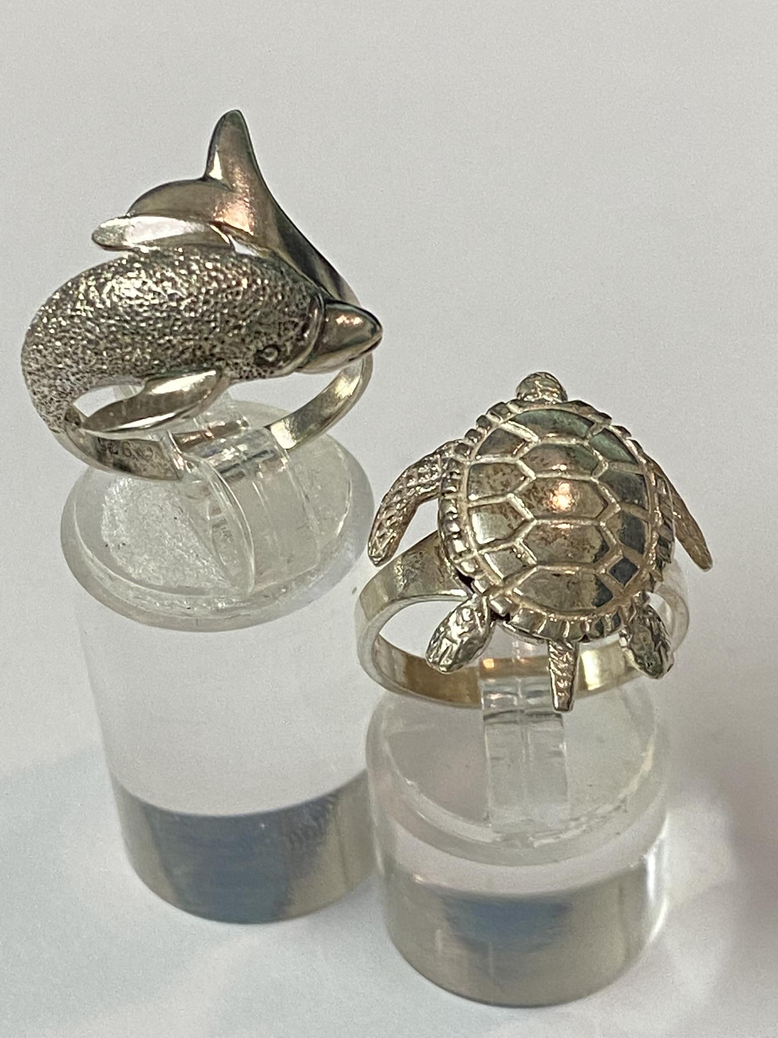 Sterling Dolphin Ring & Turtle Ring: turtle flippers move, size 7, 8