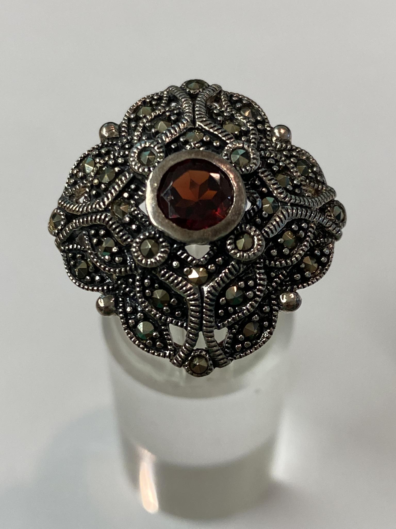 Sterling Red Stone & Marcasite Ring (1 of 3)