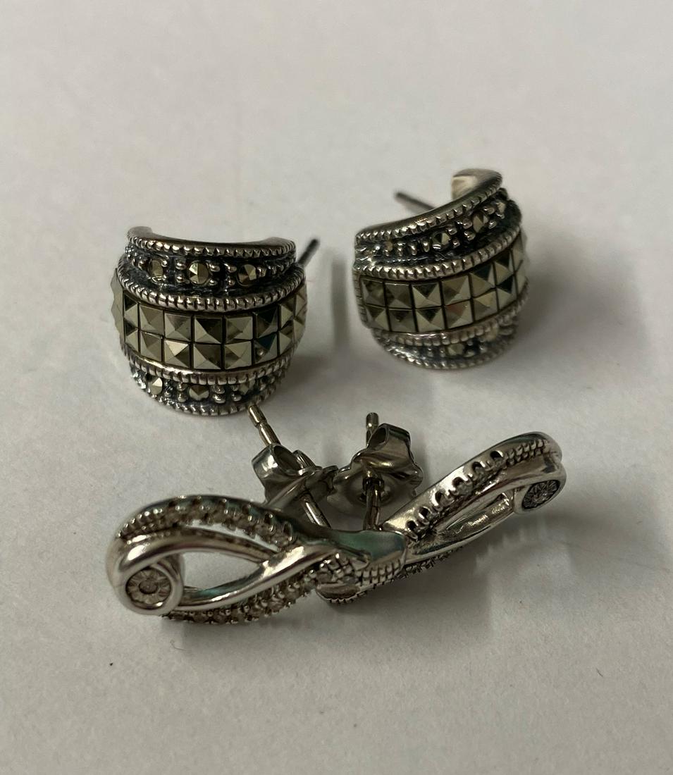 2 Pairs Sterling Marcasite Earrings: one pair does not have backs