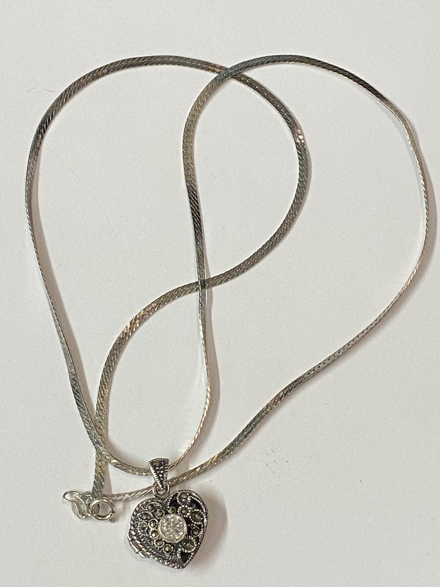Sterling Marcasite Heart Locket Pendant Necklace: 24" herringbone chain