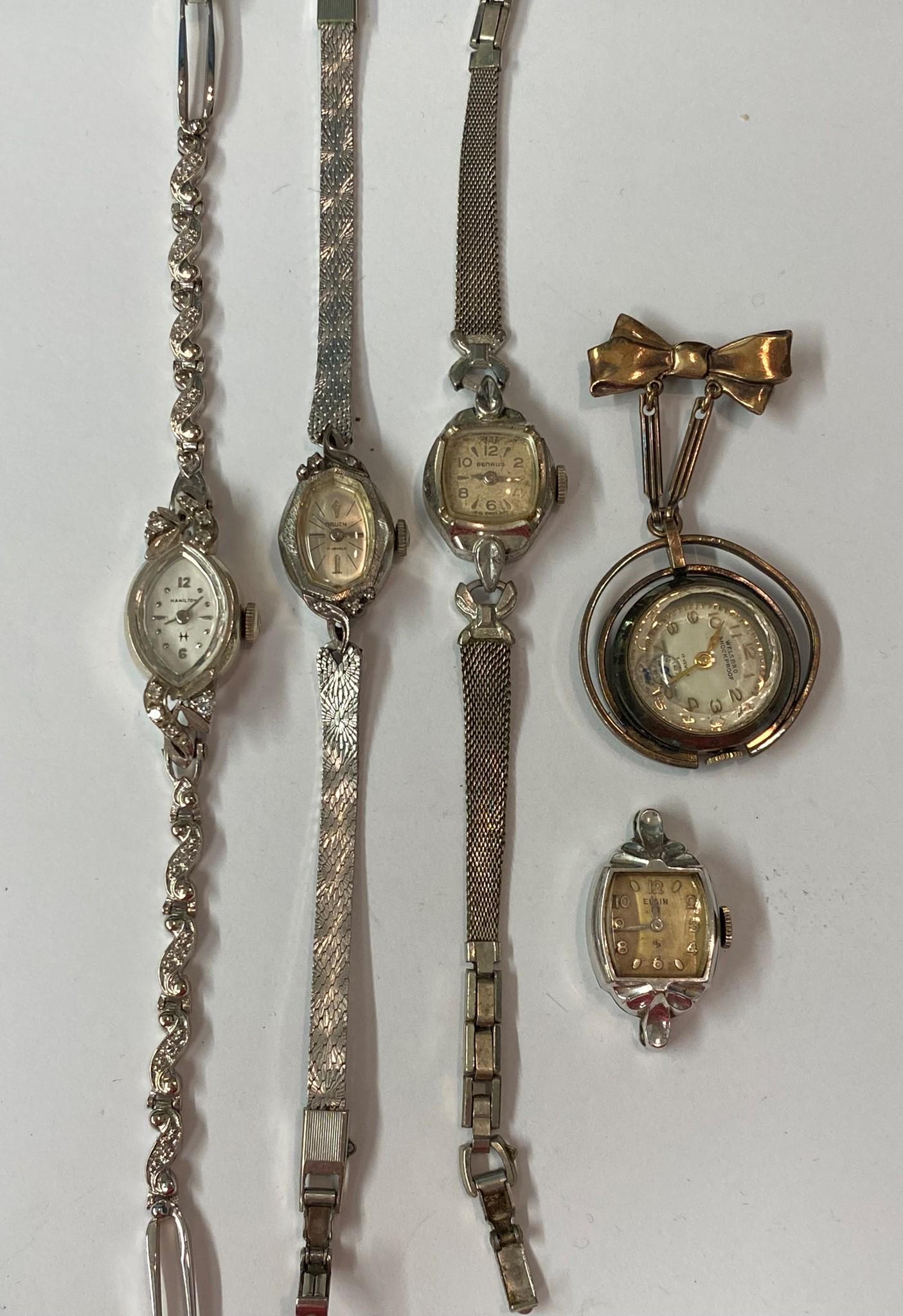 Group of Watches: Hamilton, Elgin, Gruen, Benrus, Welsbro