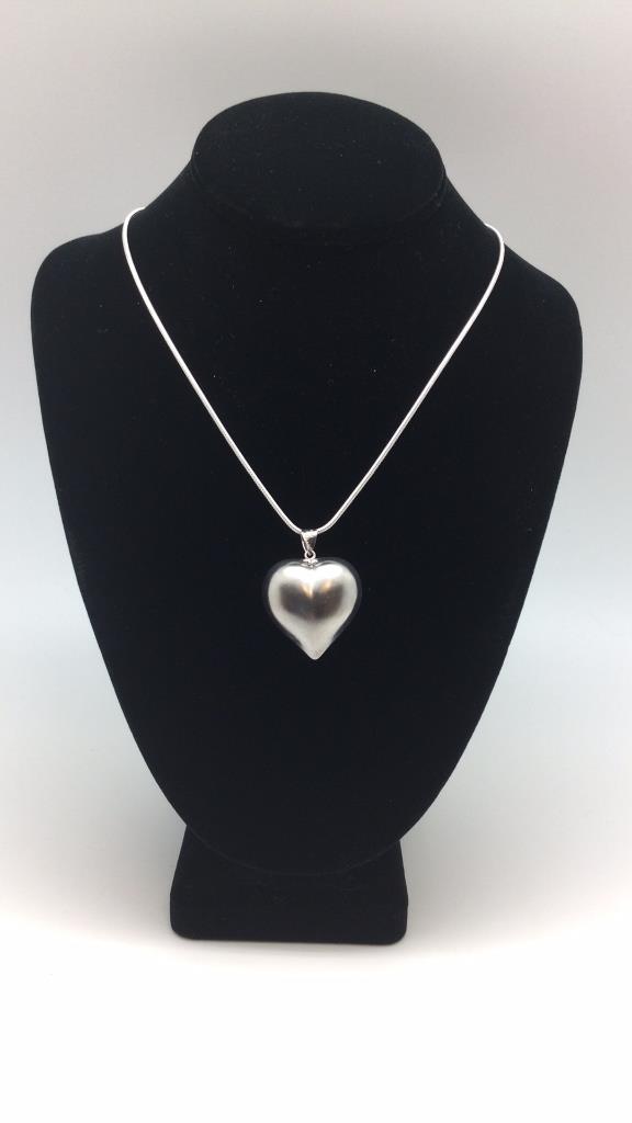 Sterling Puffy Heart Necklace: 3D heart is 1.25 inches wide. Chain is 18 inches. Display not included.