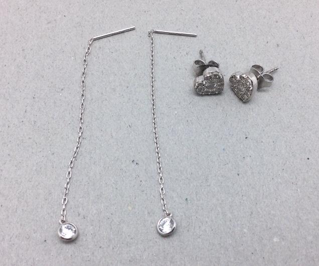 Sterling Diamond & CZ Earrings: Dangle pair with CZs. Heart cluster earrings have 1/4ct total weight . Good condition.