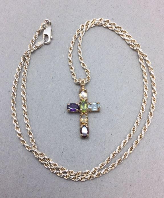 Sterling Cross Multi Gemstone Pendant Necklace (1 of 2)