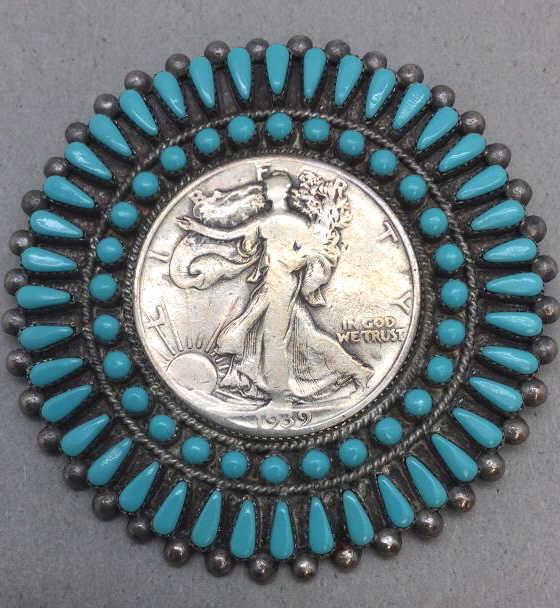 Zuni Silver Turquoise Needlepoint Coin Brooch (1 of 3)