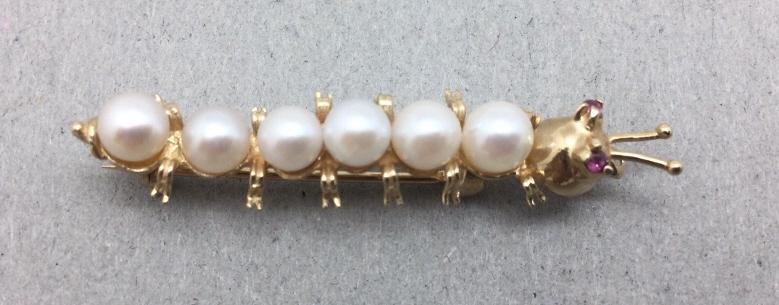 14k Yellow Gold Pearl & Ruby Caterpillar Brooch (1 of 3)