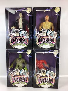 Four Placo Products Universal Studios Monsters Figures: Boxes show wear. Wolfman is loose in box.