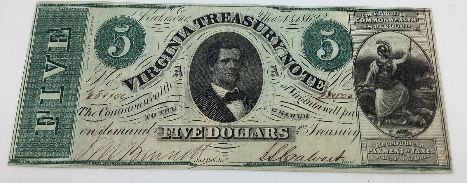 $5 Virginia Treasury Note March 13 1862 (1 of 2)