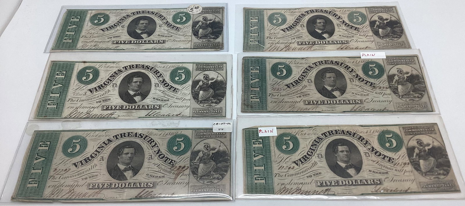 Lot of 6 $5 Virginia Treasury Notes March 13 1862 (1 of 2)
