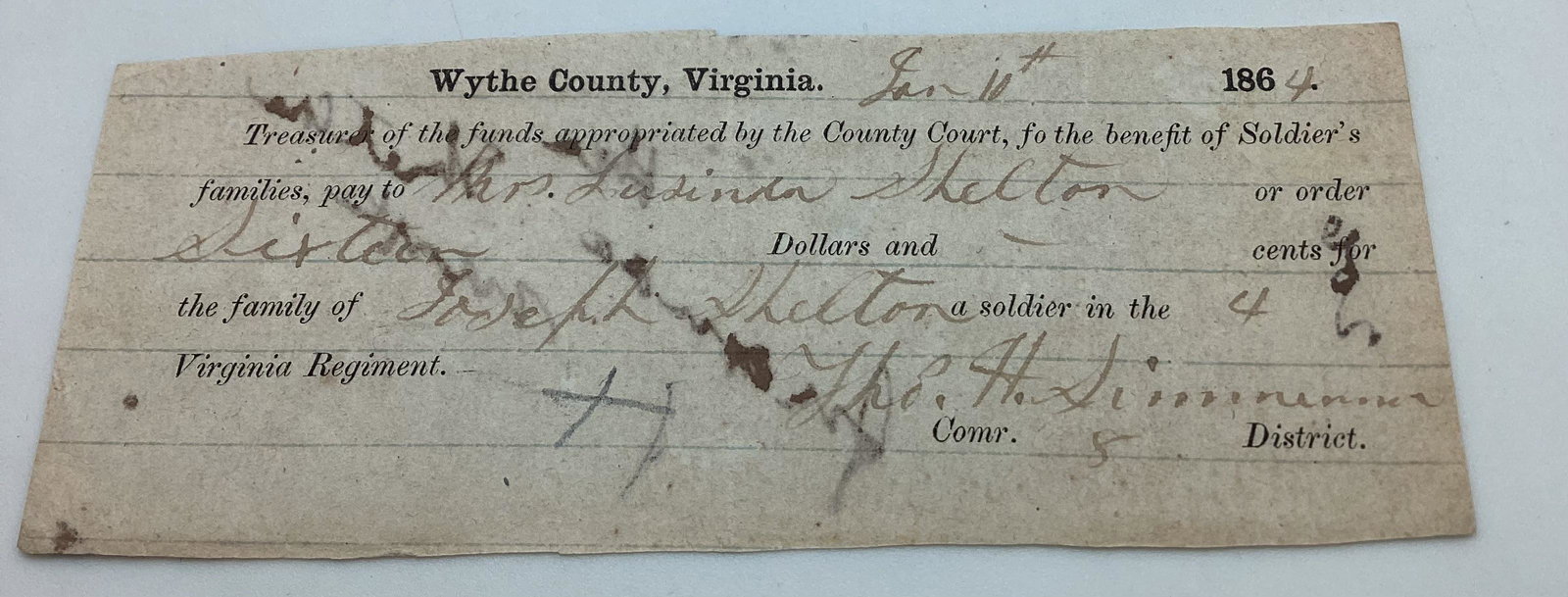 Wythe County Virginia 1864 Soliders Family Pay Scrip (1 of 2)
