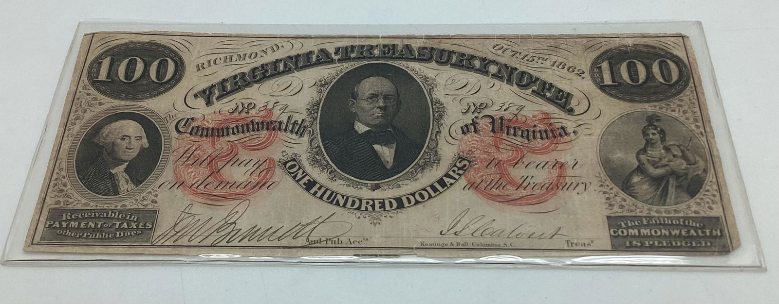 Oct 15 1862 $100 Virginia Treasury Note (1 of 2)