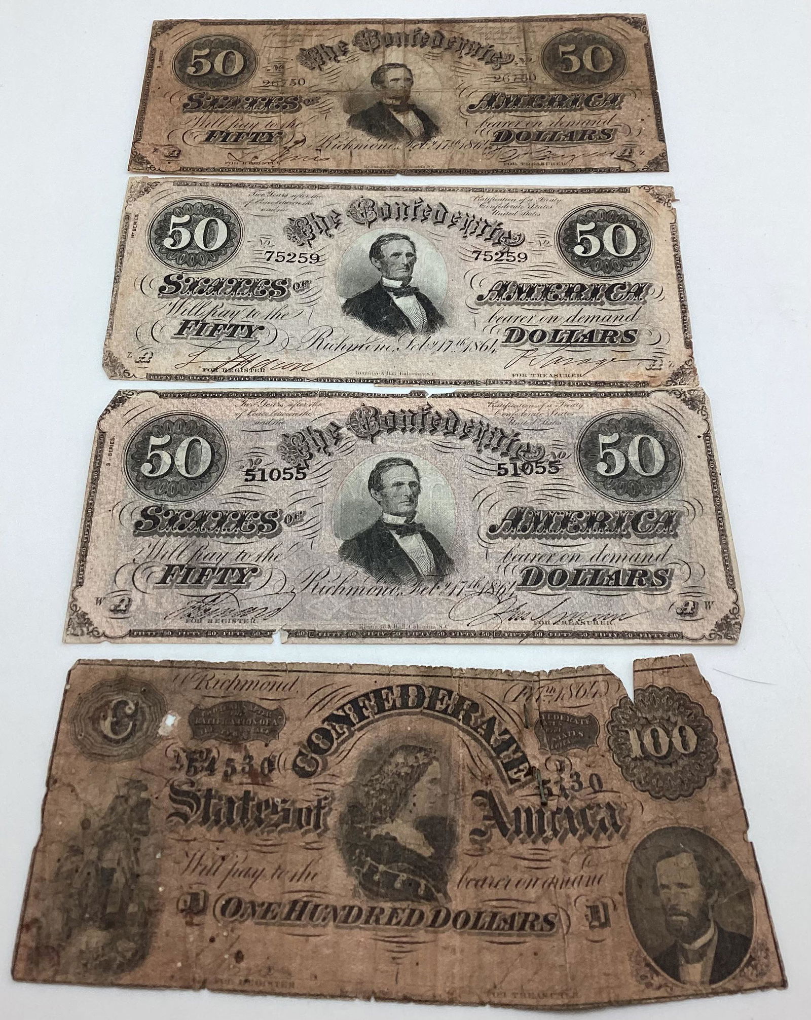 Lot of 4 Feb 17 1864 Confederate States Notes (1 of 2)