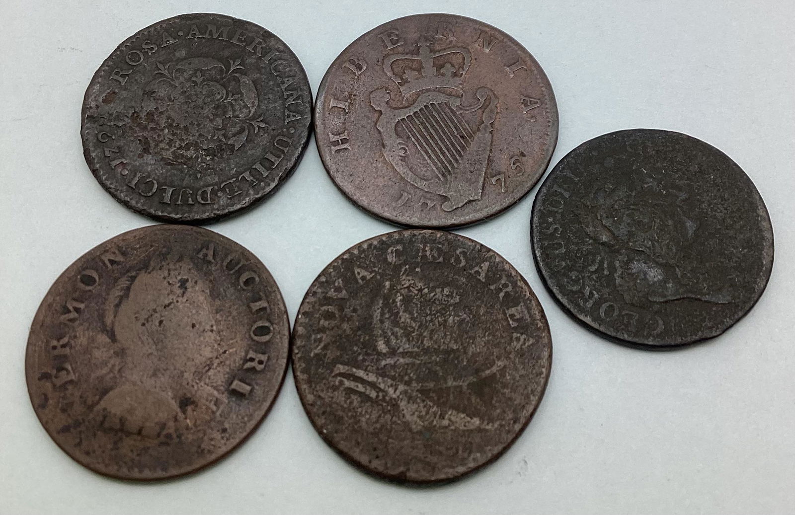 Lot of 5 Colonial Era Copper Coins (1 of 2)